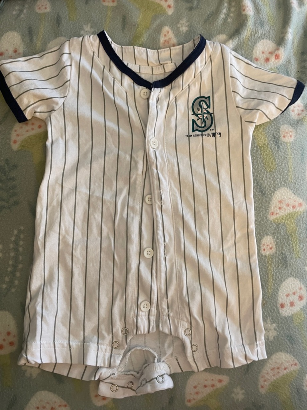 Seattle Mariners White Pinstripe One-Piece Romper Team Jersey with Navy Trim